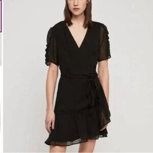 All Saints Sienna Clip Dot  Wrap Dress Sheer Ruffle Short Sleeve